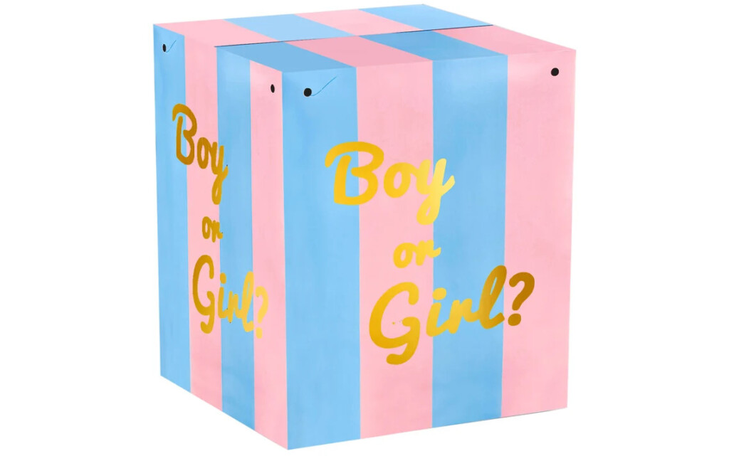 A large box with alternating blue and pink stripes is perfect for unique gender reveal ideas. The words Boy or Girl? are playfully written in yellow on the sides, adding an exciting touch to the anticipation.