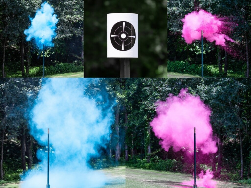 shooting target gender reveal showing the target and blue confetti versus pink confetti exploding to reveal a baby's gender
