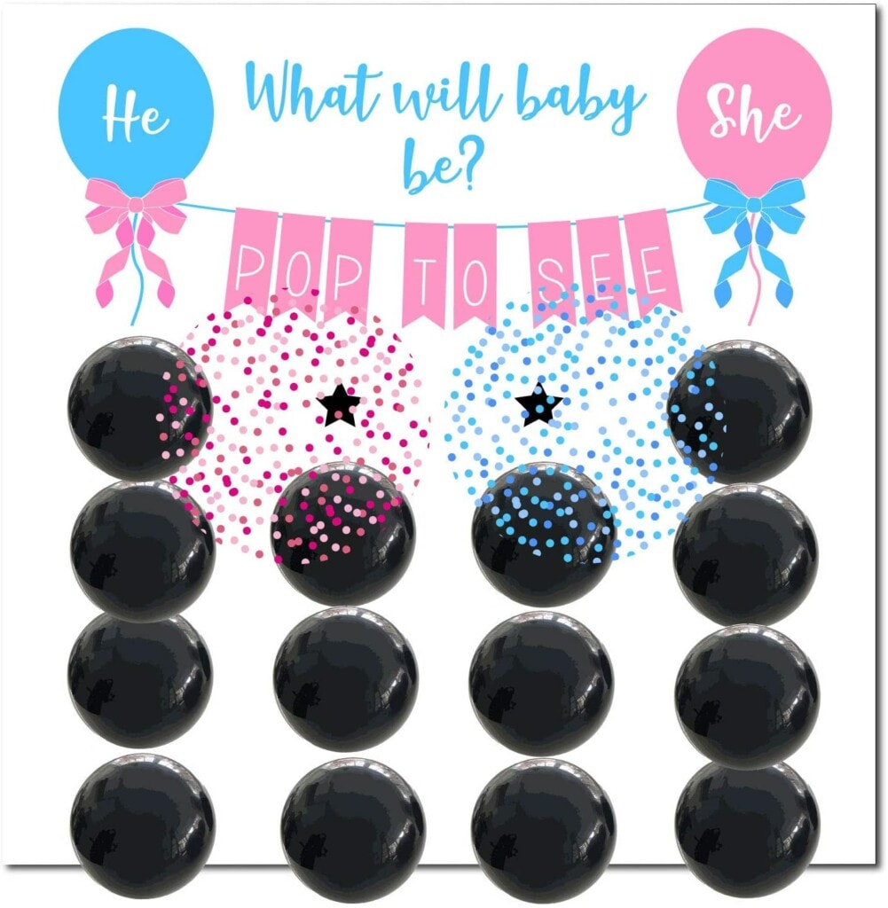 A gender reveal board filled with black balloons lined up in rows with the text "What will baby be? Pop to see." There's an image of a blue balloon with "He" in the middle and a pink balloon with "She" in the middle.