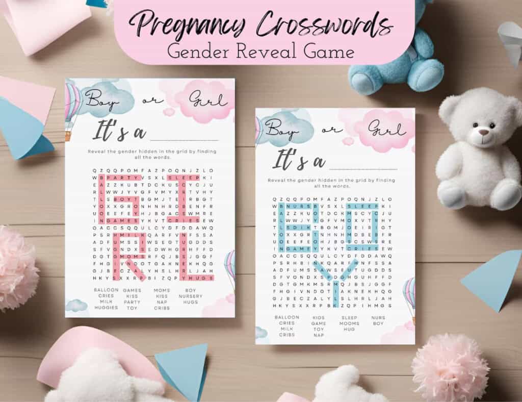 Two gender reveal crossword puzzles labeled Pregnancy Crosswords rest on a wooden surface, surrounded by teddy bears, paper airplanes, and balloons. Perfect gender reveal ideas, one puzzle reveals BOY and the other GIRL, featuring charming pink and blue themes.