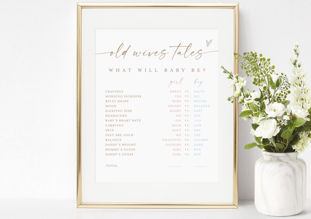Framed print titled Old Wives Tales: What Will Baby Be? in elegant cursive, perfect for gender reveal ideas. It features columns for boy and girl predictions based on various symptoms and conditions. The gold frame is complemented by a vase of white flowers on a pristine white surface.