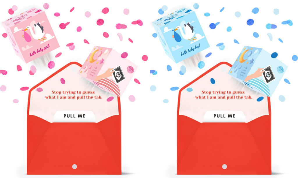 Two red envelopes labeled Pull Me, with pink and blue boxes featuring stork illustrations above them, offer creative gender reveal ideas. Pink and blue confetti bursts from the tops of the envelopes, urging you to stop guessing and just pull the tab.