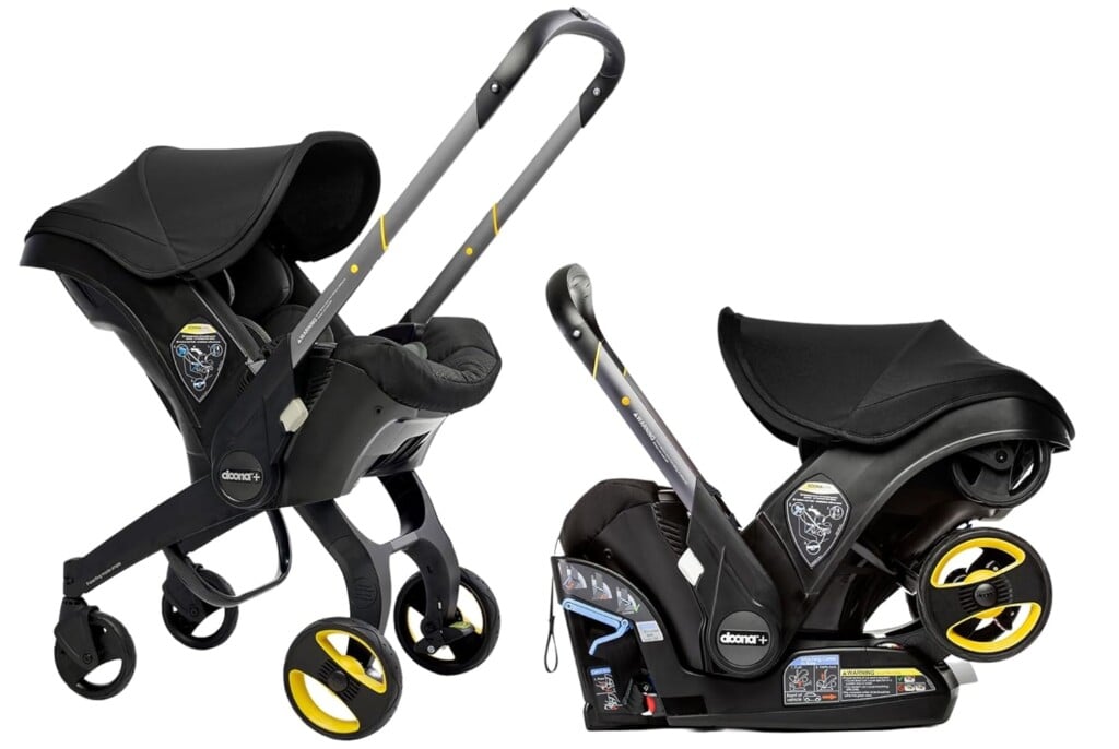 Discover the future of baby products for 2025 with this sleek black and yellow stroller and car seat set. It features versatile two-in-one configurations: effortlessly attach the car seat to either the stroller base with wheels or securely connect it to a car seat base.