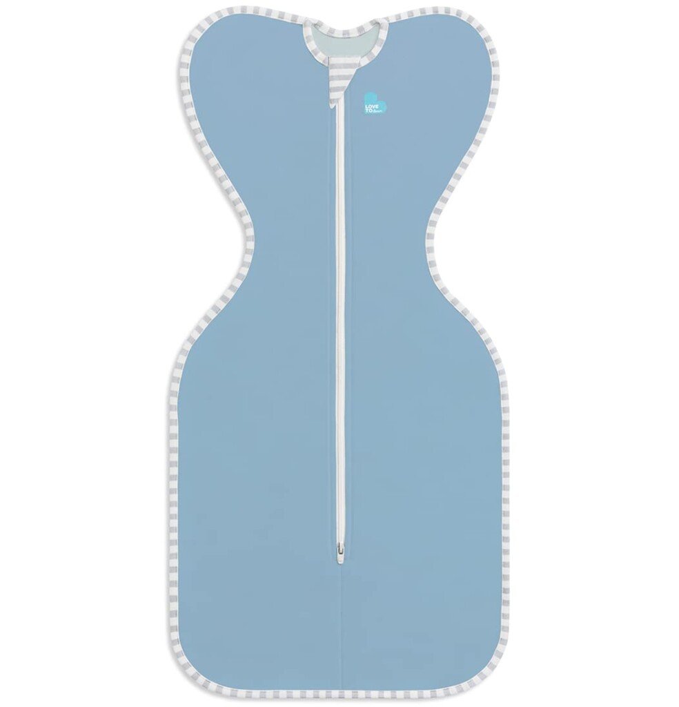 Explore our 2025 collection of baby products with this blue, zippered swaddle featuring gray and white striped trim. Its unique wing-like shape ensures comfort, while a small logo near the top adds a touch of charm.