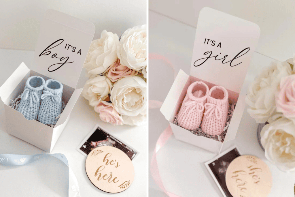 Two images side by side offer charming gender reveal ideas: The left features a white box with blue knitted baby shoes and the text Its a boy, adorned with white roses. The right displays a similar box, this time with pink knitted baby shoes and the message Its a girl, also surrounded by delicate white roses.
