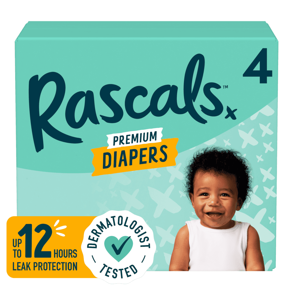 A package of Rascals Premium Diapers is shown as part of Baby Products for 2025. It features a smiling baby and indicates size 4, boasting up to 12 hours of leak protection and dermatologist-tested safety. The turquoise background adds charm with its patterned designs.